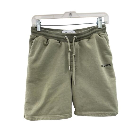 Les Deux Mens Shorts Lens Logo Branded Cotton Sweat Shorts in Olive Green Small - Picture 1 of 8
